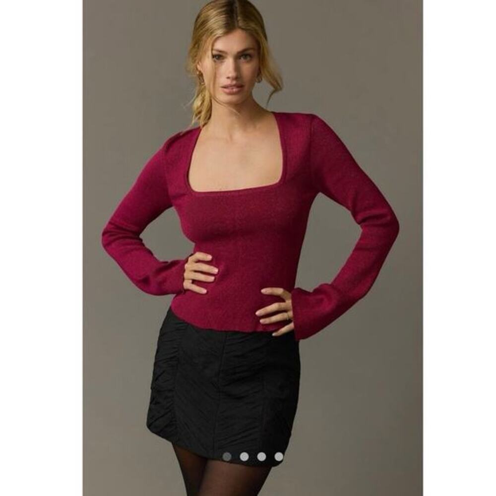 Maeve Anthropologie Square-Neck Bell-Sleeve Sweater Women's Medium Pink NEW NWT